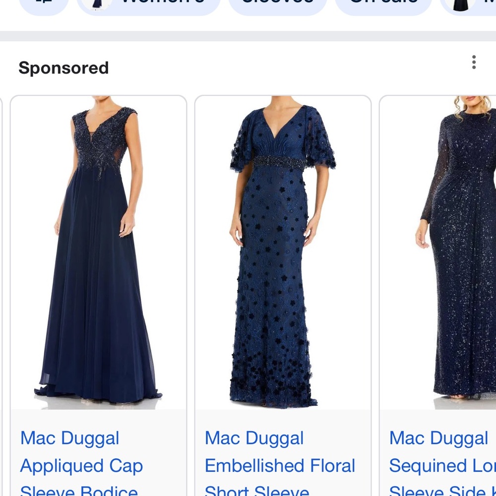 Mac Duggal Deep Blue Embellished Gown shown in the first photo with cap sleeves
